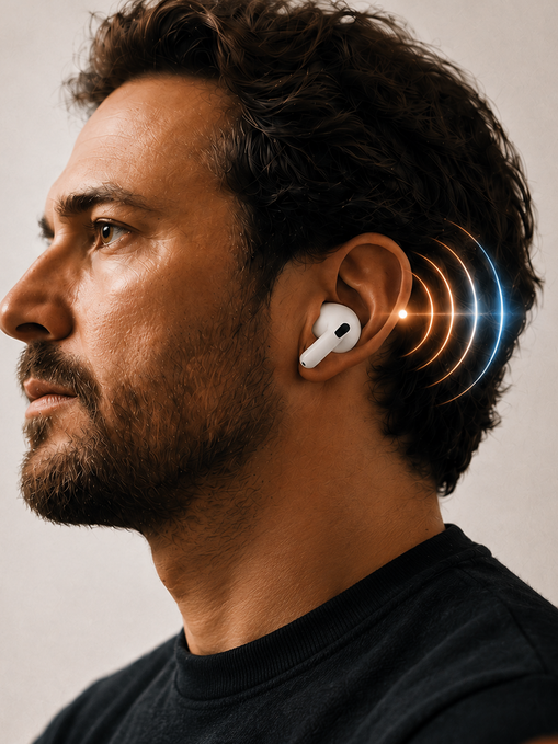 A person wearing an earbud with a subtle intelligence signal