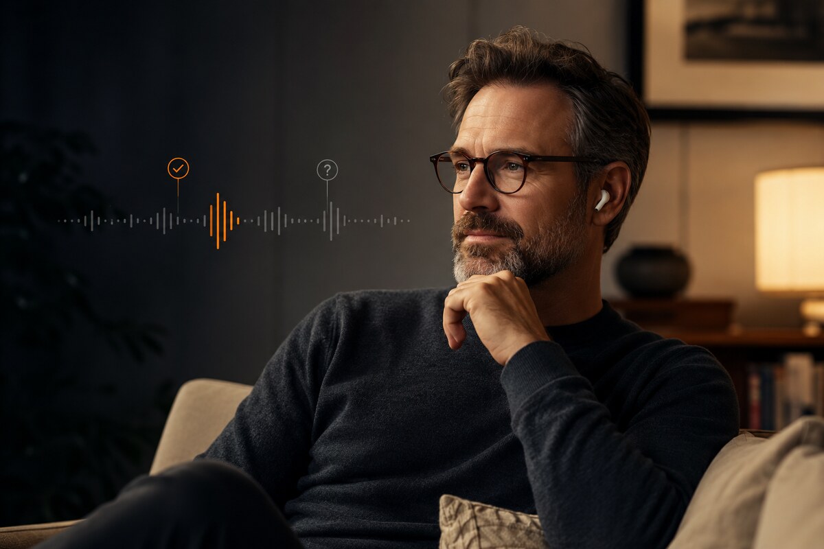 A listener receiving a private fact-check cue through an earbud