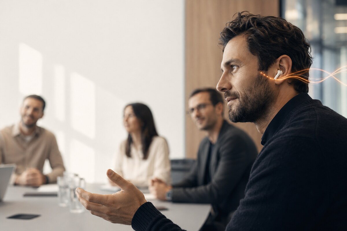A professional receiving a private cue during a meeting