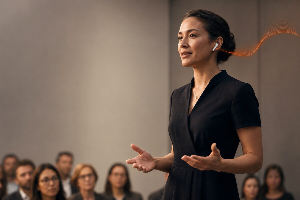 A presenter speaking confidently while wearing an earbud